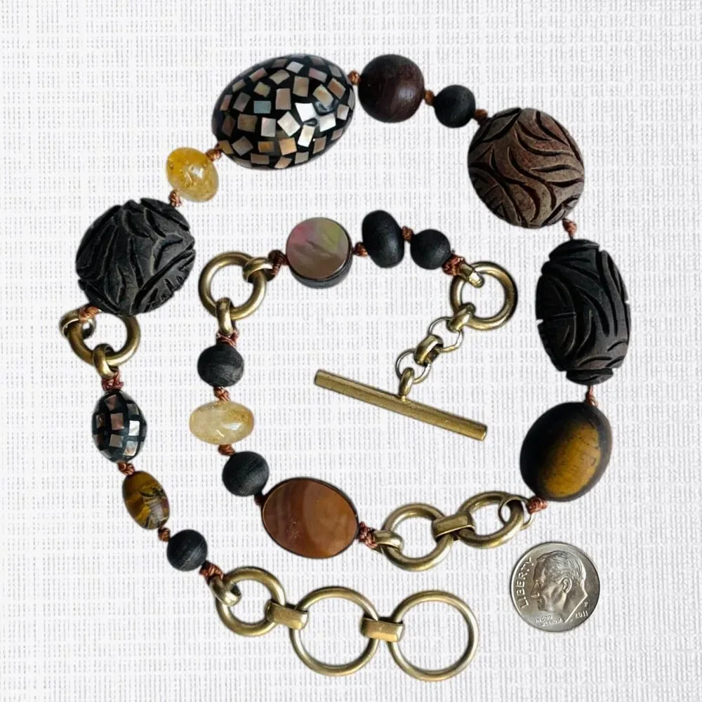 Kenneth Cole Necklace Carved Wood Bead Mother of Pearl Tribal Brown Gold Tone